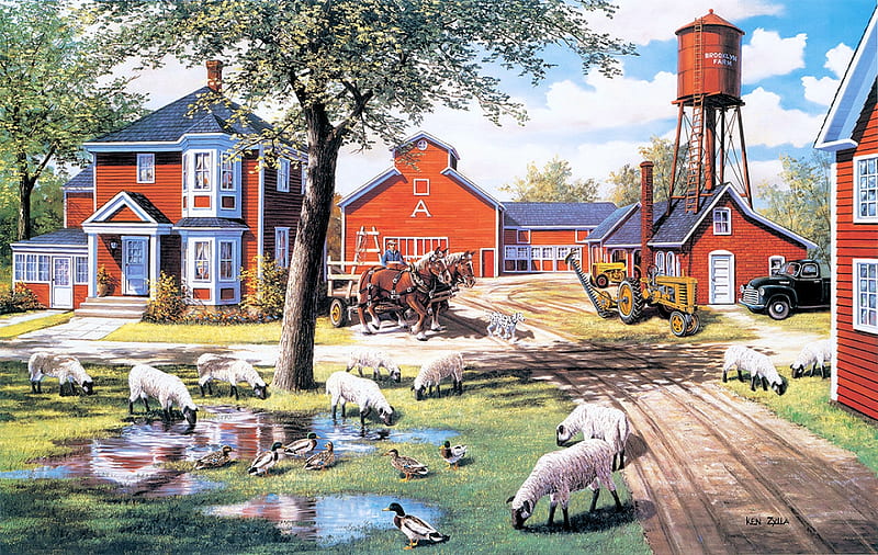 Farmyard Companions, houses, painting, horses, dog, barn, animals, artwork, tractor, sheep, car, HD wallpaper