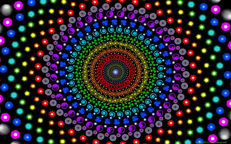 3D Psychedelic, red, shapes, circle, dots, colors, yellow, abstract, psicodelia, green, purple, rows, blue, HD wallpaper