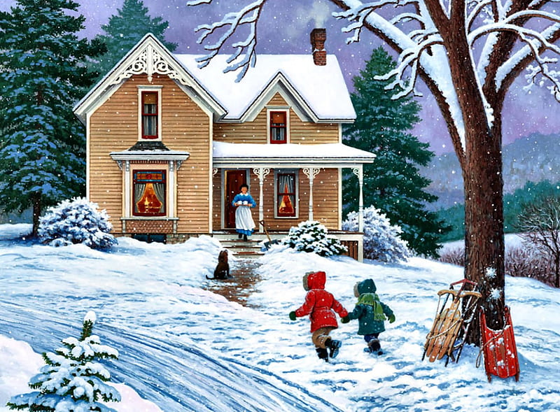 Going to the House F2C, art, cider, mom, children, illustration, artwork, winter, snow, painting, wide screen, scenery, HD wallpaper