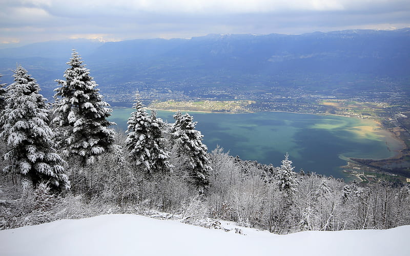 Lake Bourget, Lac du Bourget, Grey Lake, winter, snow, mountain landscape, Savoie, France, HD wallpaper