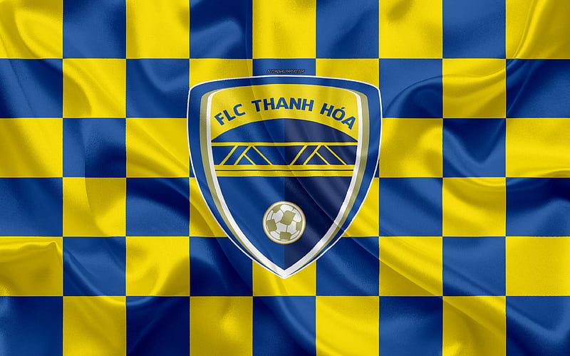 Thanh Hoa FC logo, creative art, yellow blue checkered flag, Vietnamese football club, V League 1, emblem, silk texture, Thanh Hoa, Vietnam, HD wallpaper
