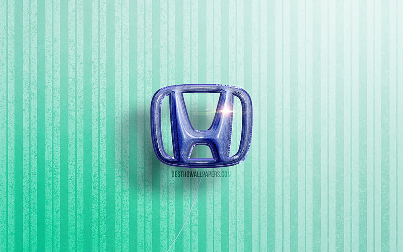 Honda 3D logo, blue realistic balloons, cars brands, Honda logo, blue wooden backgrounds, Honda, HD wallpaper