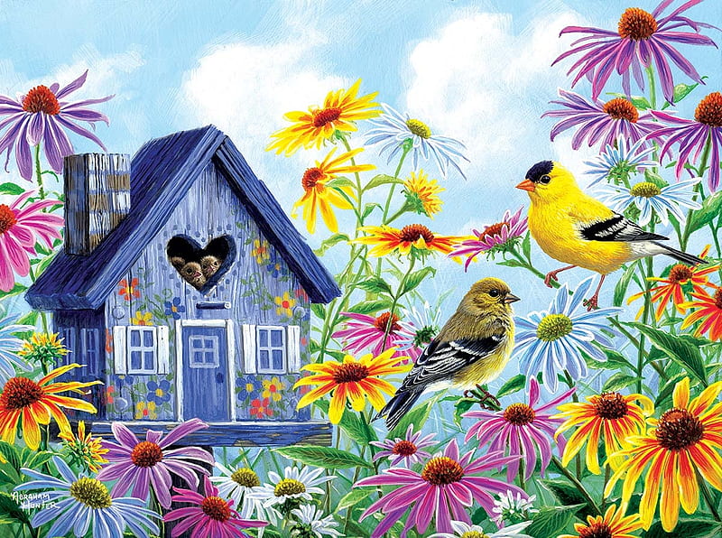 Tweethearts, house, puzzle, finches, bird, flowers, HD wallpaper