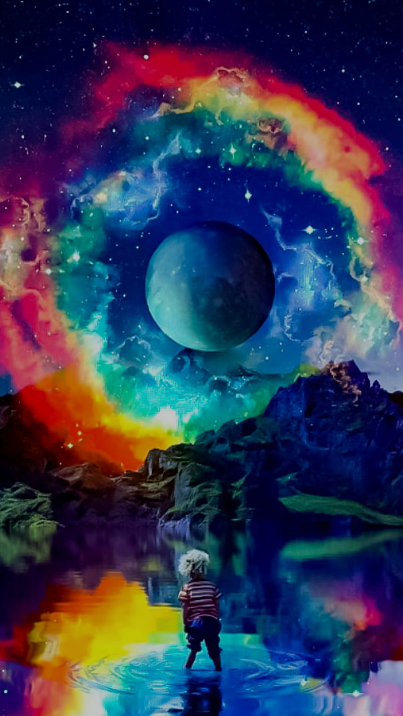 Rainbow Night Sky, mountains, nebula, rainbow, sky, dream, night, fantasy, magic, bonito, galaxy, HD phone wallpaper