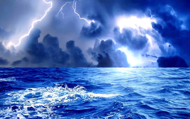 thunder-lightning-sea-storm-, thunder, water, lighting, sea, HD wallpaper