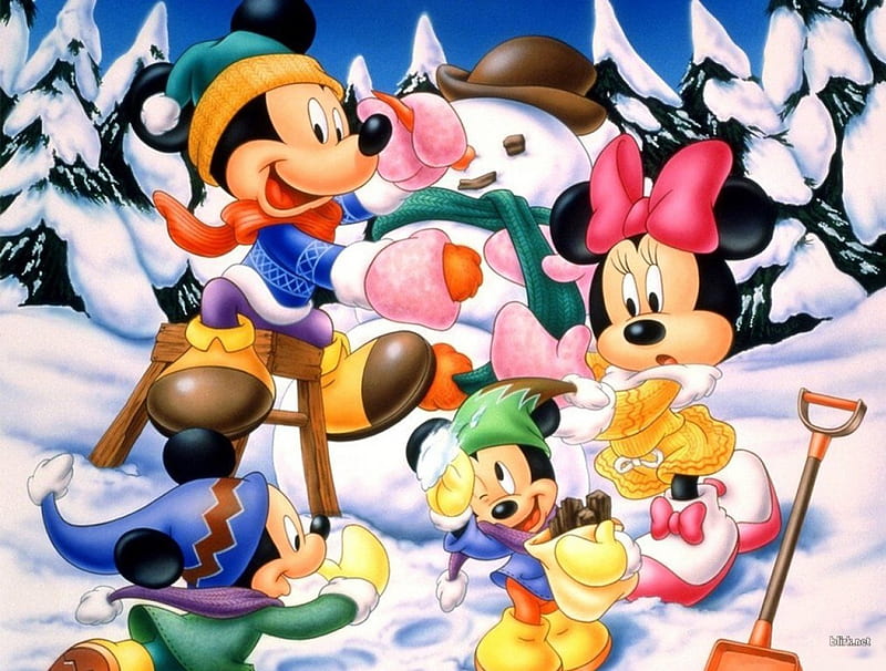 Winter Fun, snow, shovel, snowman, trees, mickey, minnie, winter, HD wallpaper