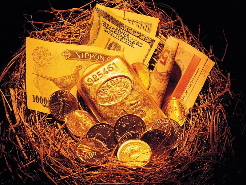 Money Basket, gold buillion, money, notes, basket, coins, hay, HD wallpaper