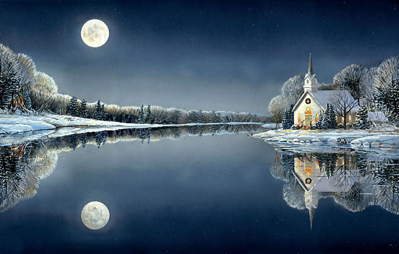 Peace on Earth- Church F, architecture, art, religious, bonito, church, illustration, lake, artwork, moon, water, painting, wide screen, chapel, scenery, HD wallpaper