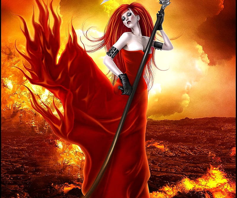 RED FIRE WOMAN, witch, red, fire, fantasy, orange, woman, heat, light ...