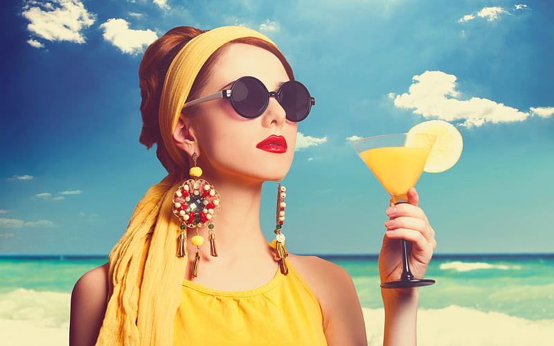 Enjoy summer!, cocktail, model, yellow, woman, sea, sunglasses, beach, girl, summer, hand, drink, jewel, blue, HD wallpaper