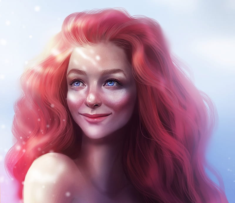 Ariel, art, redhead, luminos, sandrawinther, mermaid, fantasy, girl, face, sandramalie, portrait, blue, HD wallpaper