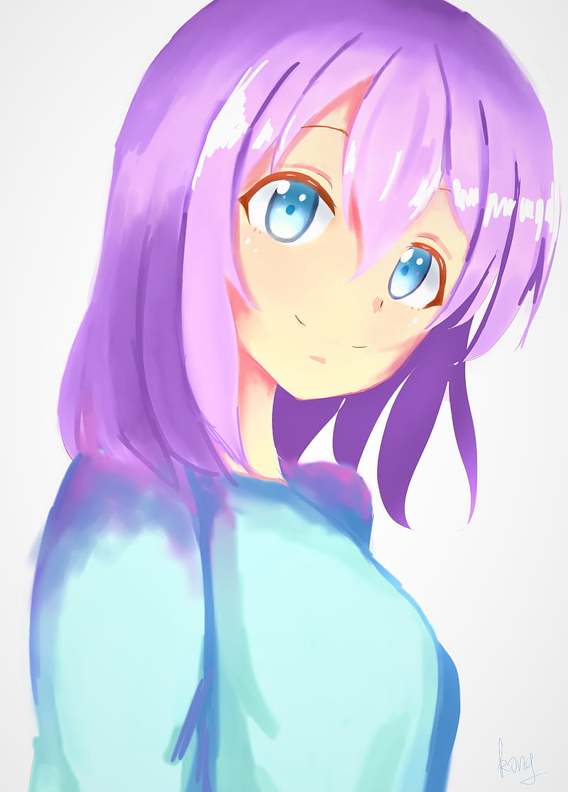 girl, smile, glance, anime, purple, HD phone wallpaper