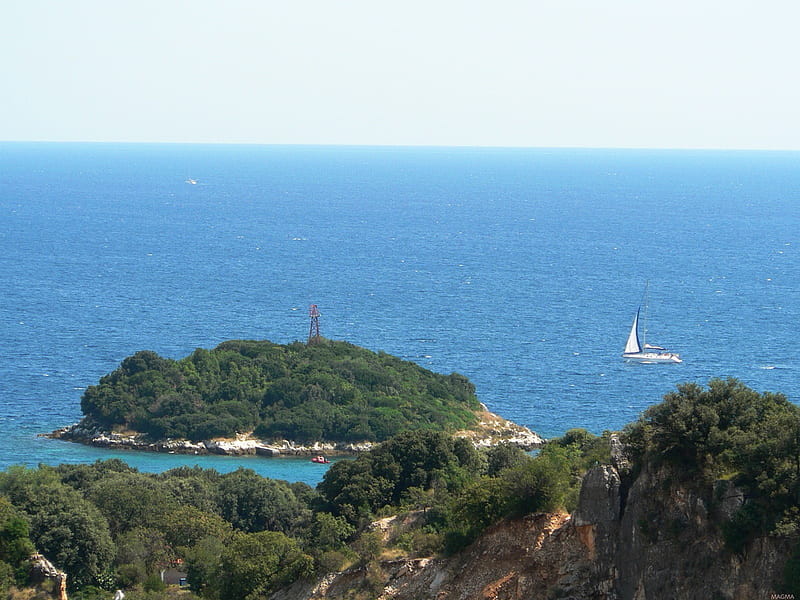 Croatian Coast, beach, europe, water, croatia, boat, little island, coast, sea, HD wallpaper