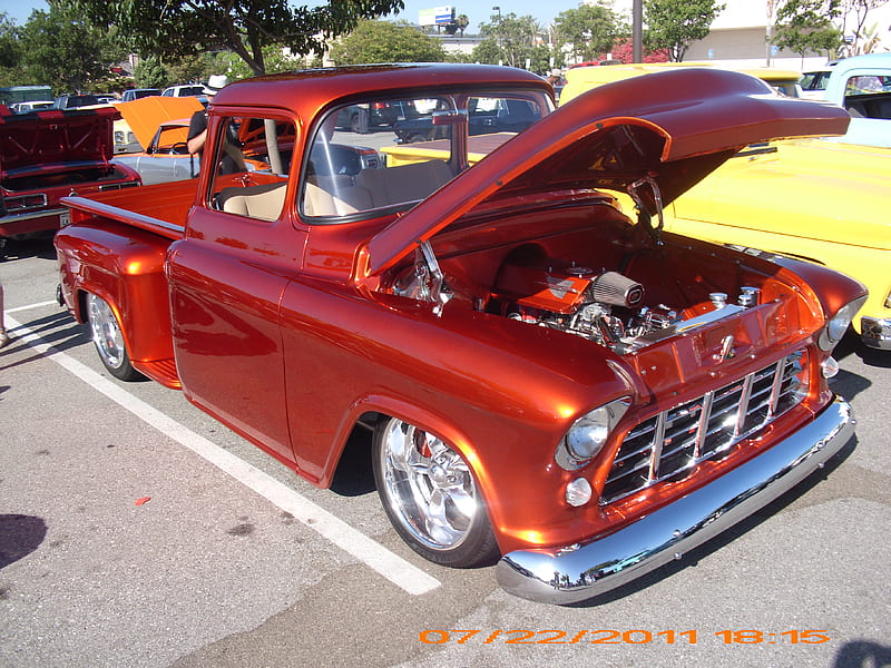 CLASSIC CHEVY PICKUP, red, autos, hot rods, hotrods, show, hotrod, chevrolet, car, auto, trucks, classic, pickup, fast, outside, customized, custom, pickuptruck, carros, hot rod, truck, HD wallpaper