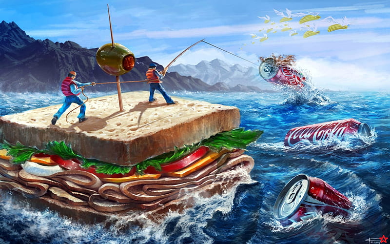 The Giant Sandwich Boat, ham, soda, bread, wing, foods, mountain, soft drunk, fantasy, anime, drink, fishing, food, ocean, sky, fisherman, water, boys, fishing rod, olive, chip, snack, scenic, coca cola, sea, hill, potato chip, male, rod, vegetable, can, boy, coca cola, scene, HD wallpaper