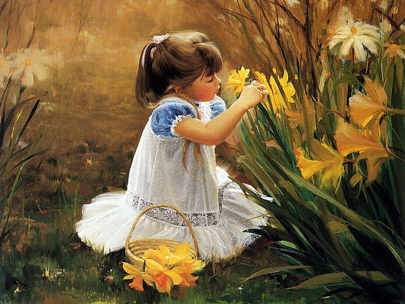 Daffodil Girl, artist, dress, oil, daffodils, young, girl, basket, painting, flowers, garden, child, HD wallpaper