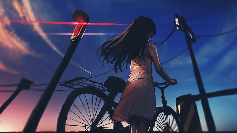 Girl Bicycle Twilight Blue Sky Background Anime Girl, HD wallpaper