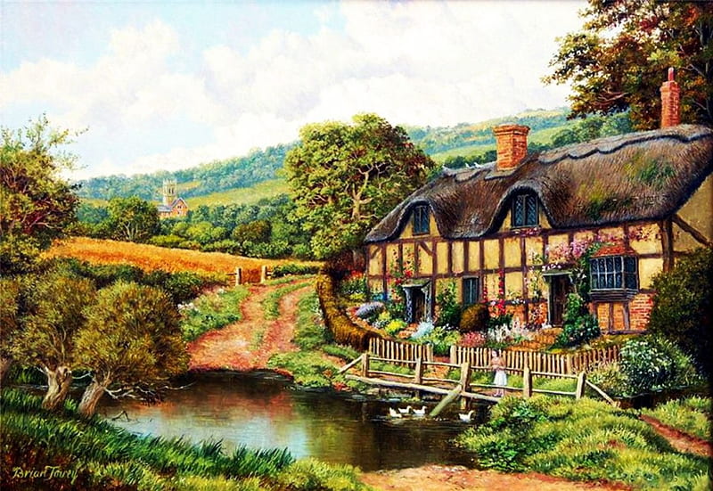 Old Cottage, pond, house, english, trees, artwork, landscape, HD wallpaper