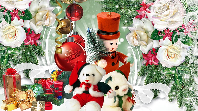 Christmas Roses and Gifts, wooden soldier, christmas, white roses, ribbons, teddy bears, balls, snow, presents, toys, gifts, HD wallpaper
