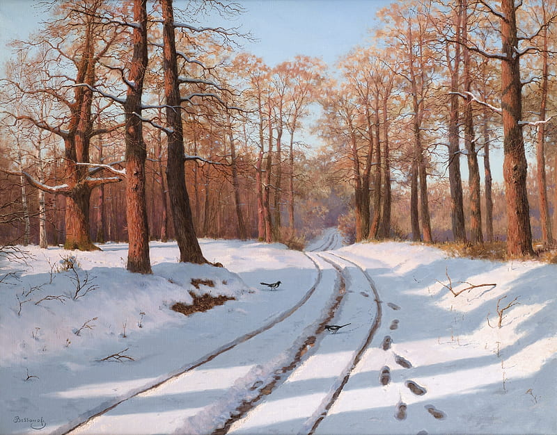 The last rays of sun, art, iarna, winter, tree, snow, painting, path, boris bessonov, pictura, HD wallpaper