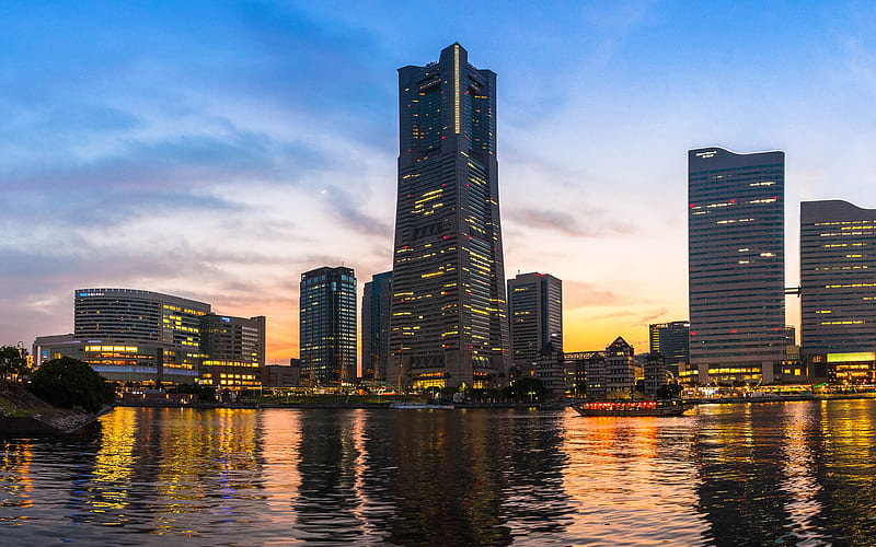 Yokohama, sunset, evening city, modern buildings, japan, Asia, HD wallpaper