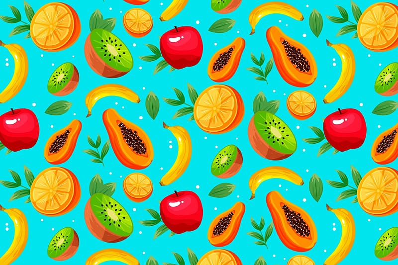 Pattern, colorful, blue, exotic, banana, kiwi, orange, summer, yellow, green, apple, papaya, fruit, texture, vara, HD wallpaper
