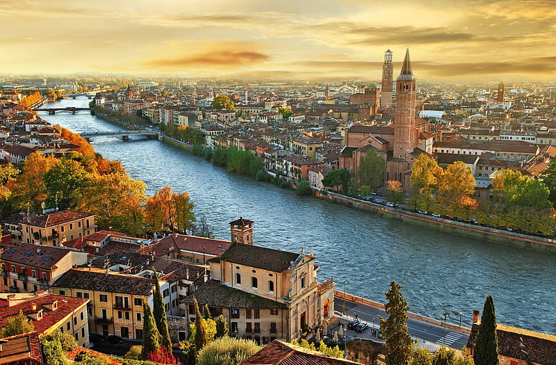 Autumn in Verona,Italy, Autumn, City, River, Italy, HD wallpaper