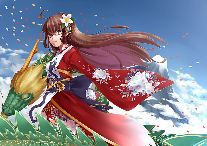 Dragon, grass, glasses, sky, kimono, clouds, fly, flower, petals, scales, long hair, fur, creature, HD wallpaper
