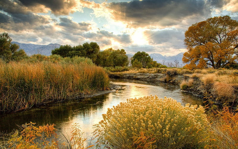 wondrous river autumn landscape, autumn, grass, sun rays, river, trees, clouds, HD wallpaper