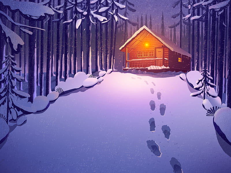 house, forest, snow, footprints, art, HD wallpaper