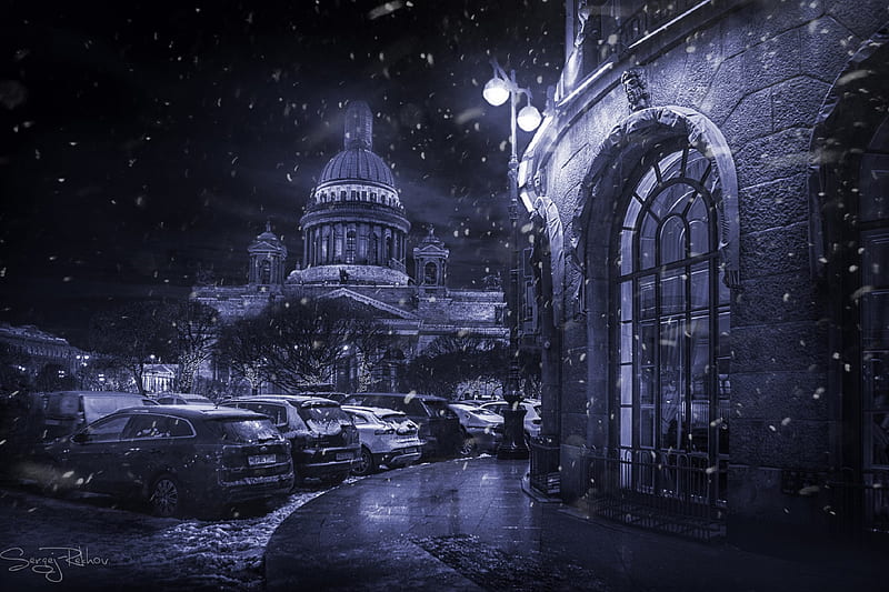 Cities, Saint Petersburg, Car, City, Night, Snow, Winter, HD wallpaper