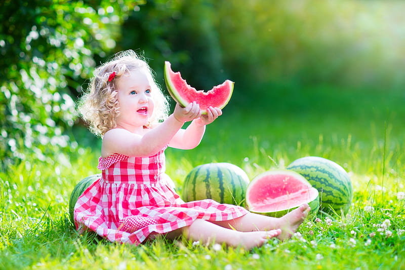 Summer joy, water melon, cute, fruit, girl, green, summer, copil, child, pink, HD wallpaper