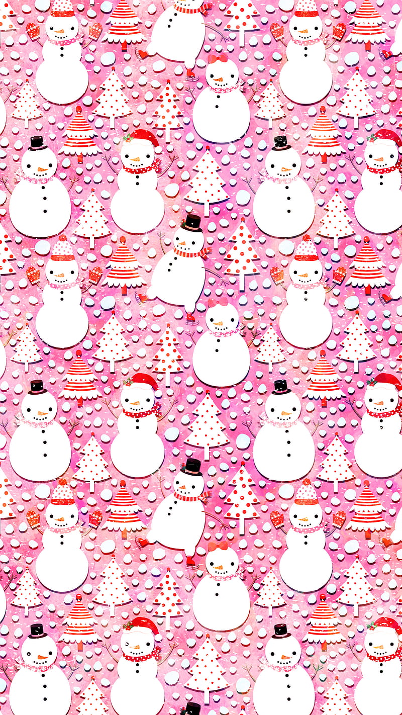 Cute Snowmen with Hats, Adoxali, Christmas, December, carrot, clothes, face, festive, frost, funny, happy, hat, holiday, illustration, kawaii, man, merry, mittens, new year, pattern, pink, red, scarf, season, seasonal, snow, snowflake, snowman, tree, whimsical, white, winter, xmas, year, HD phone wallpaper