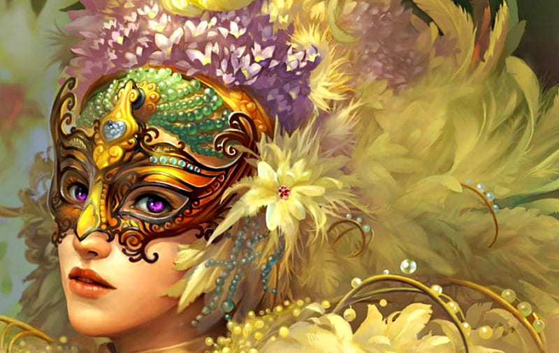 Beauty with mask, golden, yellow, woman, hat, masquerade, fantasy, girl, green, amethyst eyes, flower, beauty, mask, pink, feathers, HD wallpaper