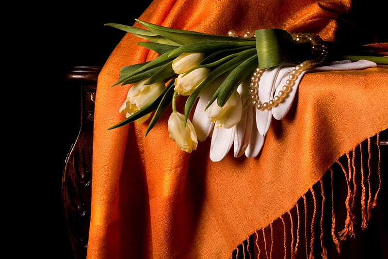 Sunday Afternoons, shawl, still life, bouquet, orange, pearls, tulips, white, HD wallpaper