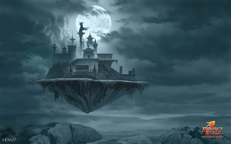 Moonlight, art, moon, luminos, game, sky, fantasy, moon, island, castle ...