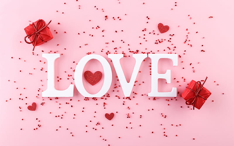 Love, pink background, gifts, love concepts, romance concepts, red glitter heart, romantic greeting card, HD wallpaper