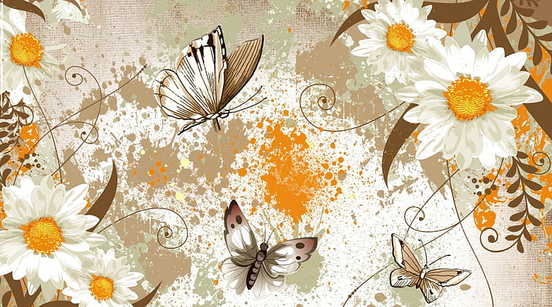 Chamomile Appeal, flowers, health, brown, fragrant, yellow, aroma, tea, gold, butterfly, chamomile, papillon, flowers, aromatic, paint, splatter, spills, herb, butterflies, natural, HD wallpaper