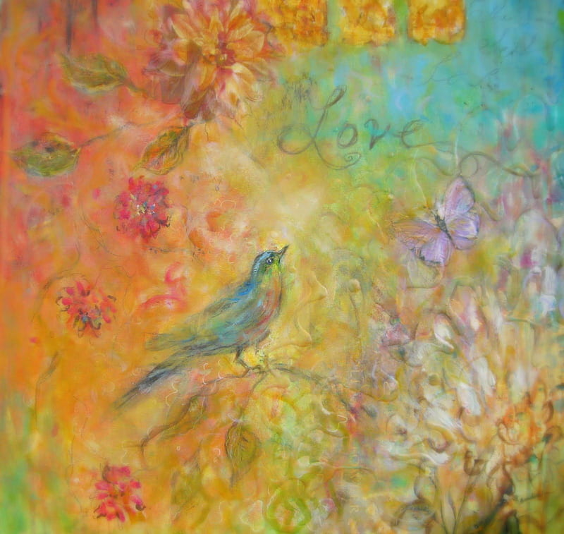 Bird Of Love, colorful, fantasy, bird, love, flowers, rainbow, trees ...