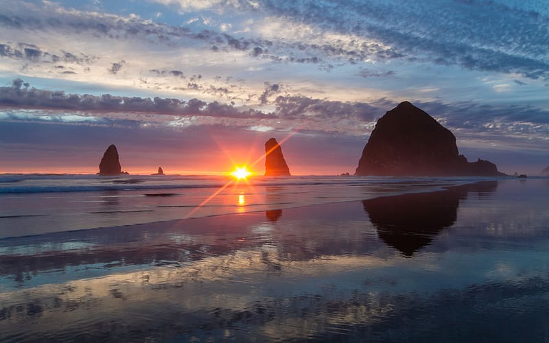 Sunset, Coast, , Cliff, Oregon, Pacific Ocean, Cannon Beach, Haystack Rock, HD wallpaper