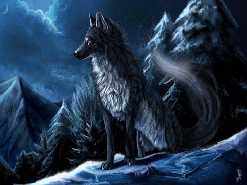 Smoky Tail, mountian side, fantasy, wolf, abstract, HD wallpaper