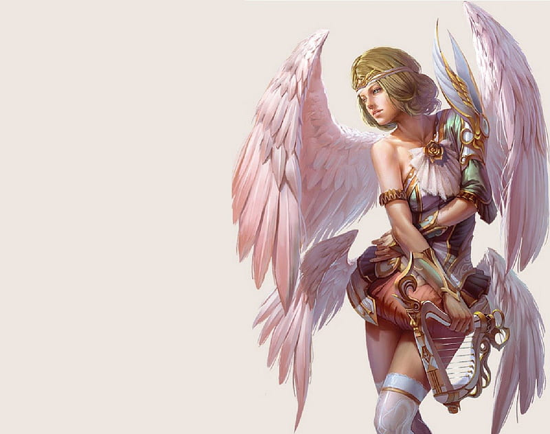 Angel And Harp, fantasy, wings, angel, harp, woman, HD wallpaper