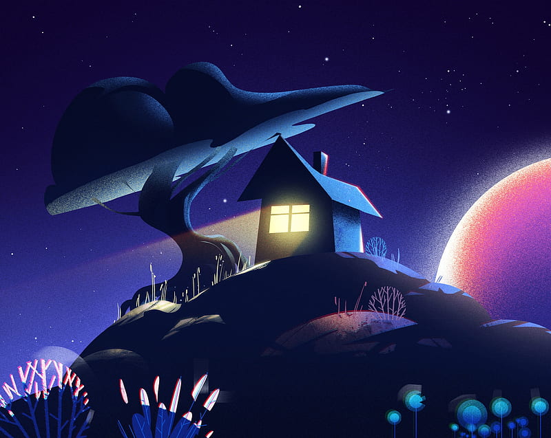 Moonlight, moon, ahmet iltas, pink, night, house, luminos, moon, fantasy, tree, blue, HD wallpaper