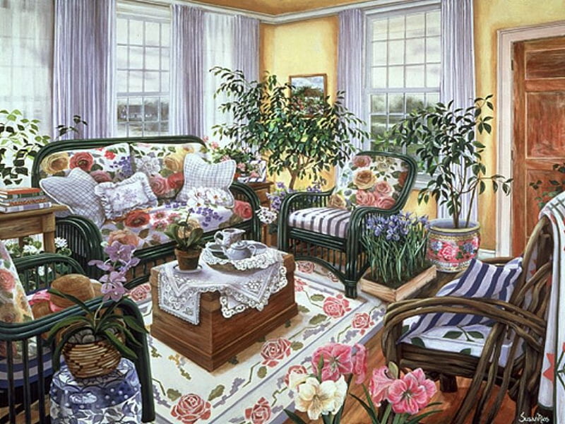 Garden Room, house, window, living room, plant, peace, abstract, tea, sweet, furniture, nice, calm, 3d, flower, peaceful, room, sofa, HD wallpaper