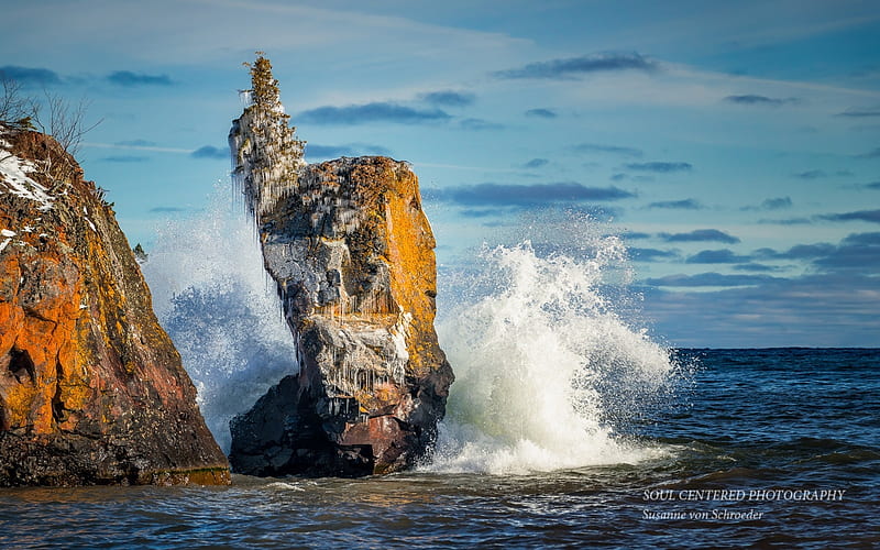 Rocks in Lake Superior, splash, rocks, wave, lake, America, HD wallpaper