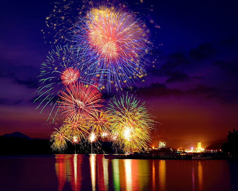 Fireworks, celebrate, christmas, holiday, lake, lights, new year, night, HD wallpaper