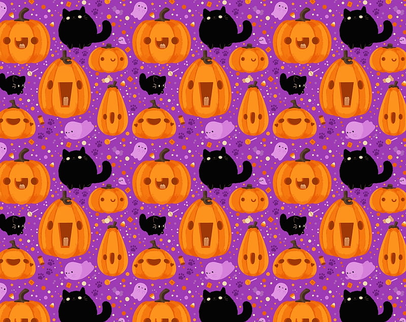 Pattern, purple, halloween, black, pisici, texture, pumpkin, cat, orange, HD wallpaper