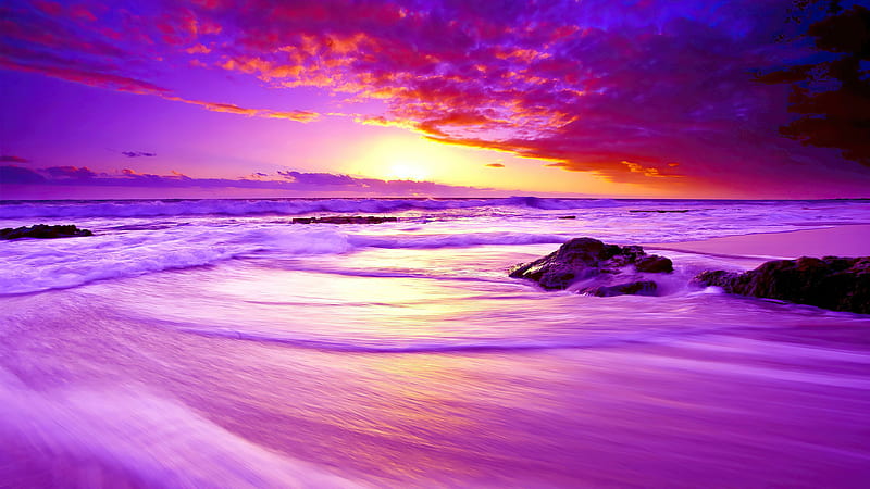 Sunset, water, vara, summer, sky, pink, blue, sea, beach, HD wallpaper