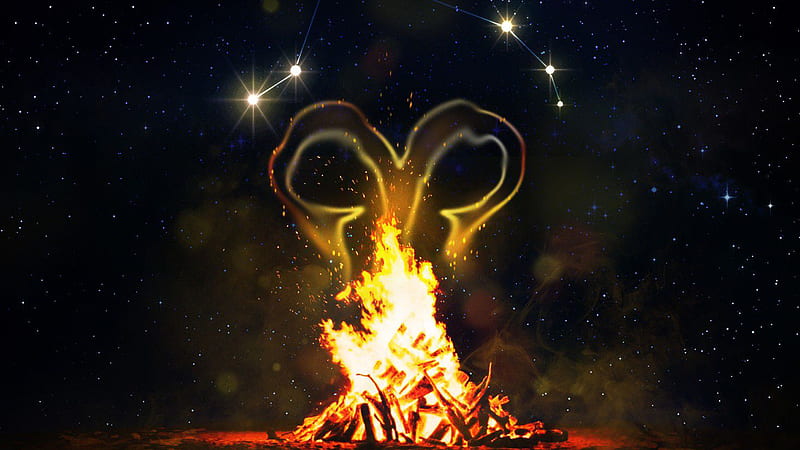 Aries Symbol Wood Fire In Starry Sky Background Aries, HD wallpaper