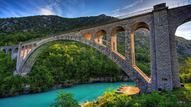 stone arch bridge over turquoise river r, mountain, turquoise, arch, stone, bridge, river, r, HD wallpaper